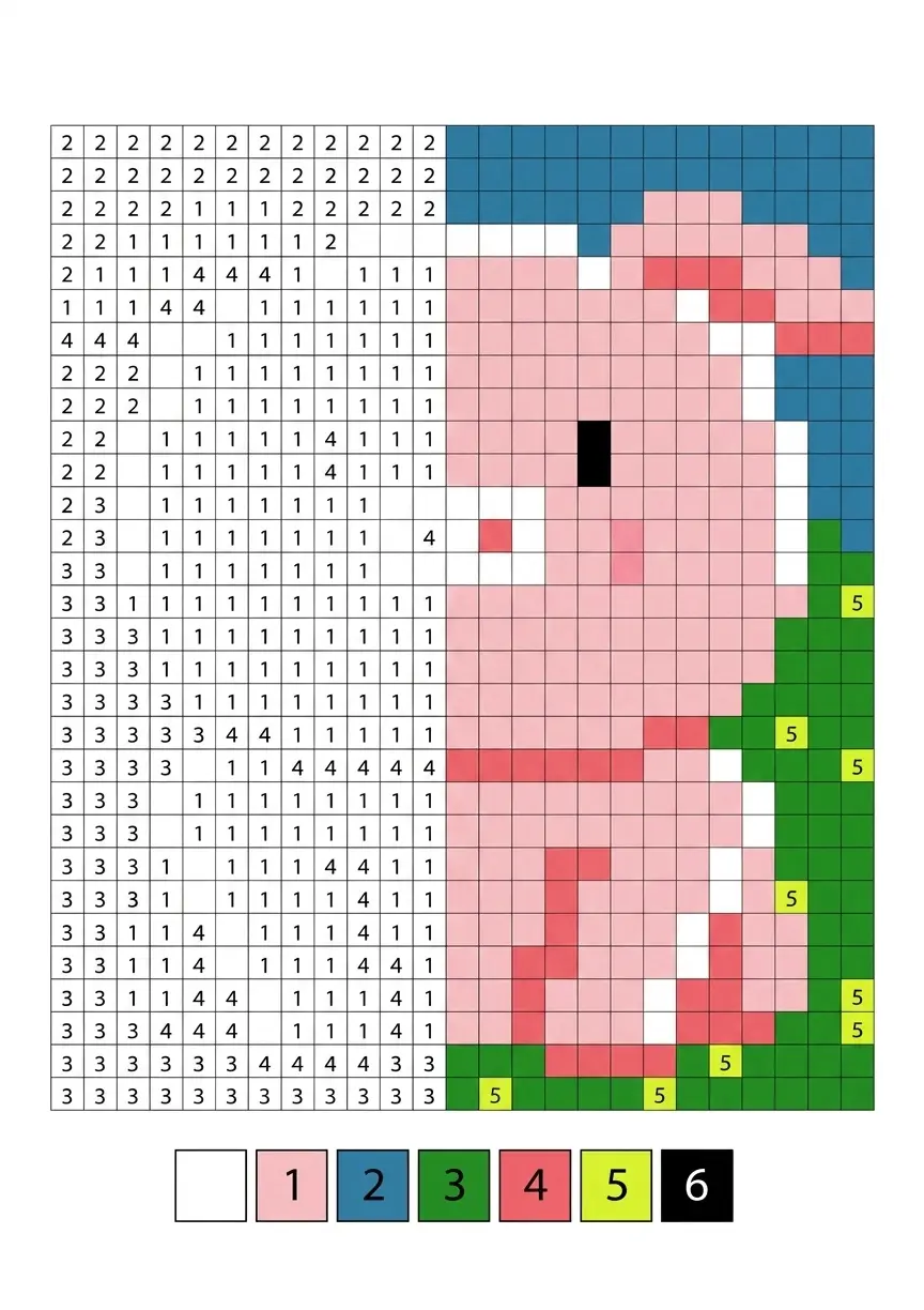 Ejemplo de pixel art de un cerdito rosado con cuadrícula para colorear.