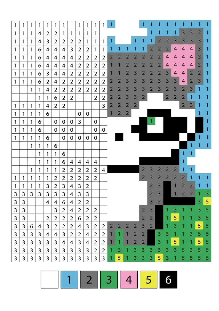 Ejemplo de pixel art de un ave para colorear por números.