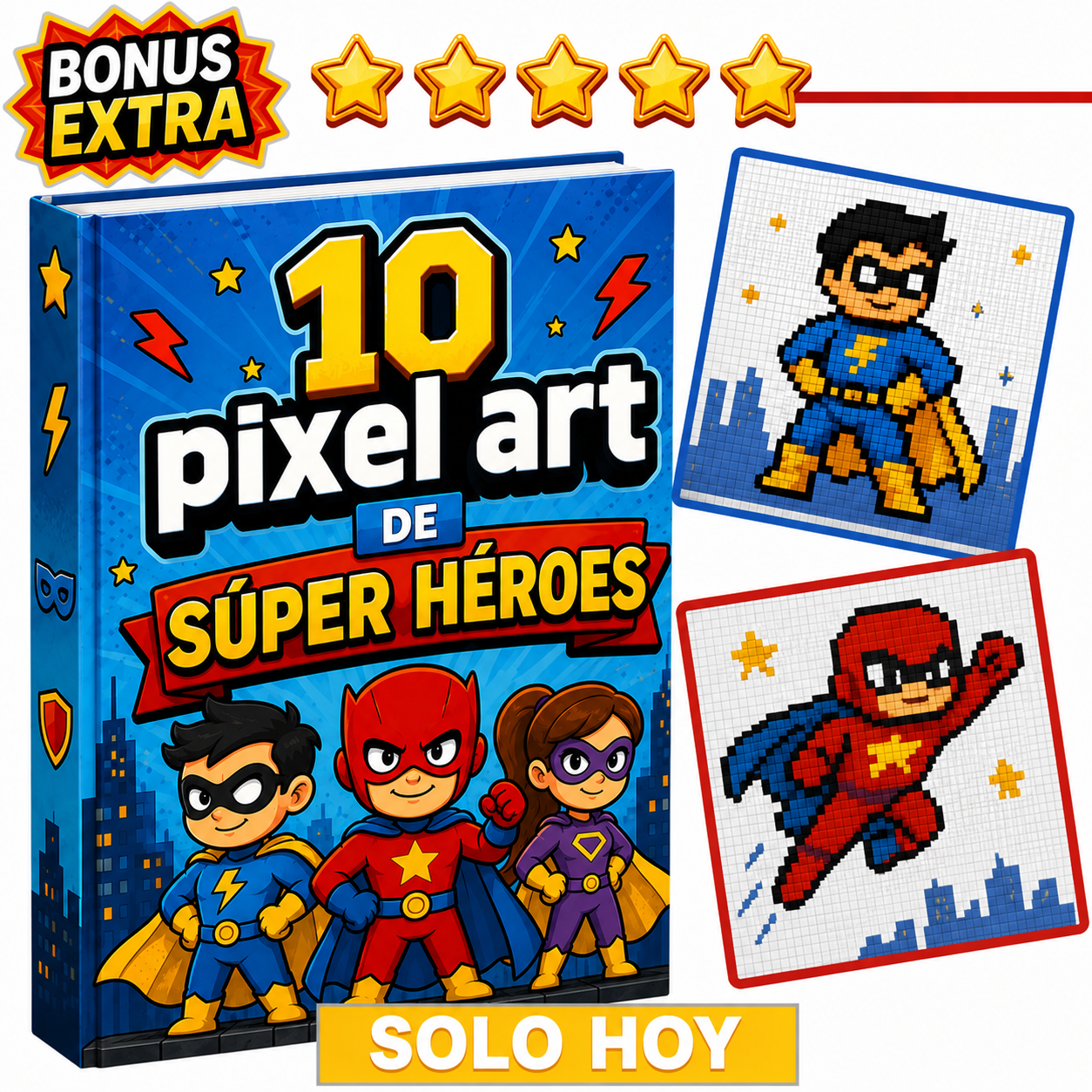 Portada del bonus de pixel arts de súper héroes.
