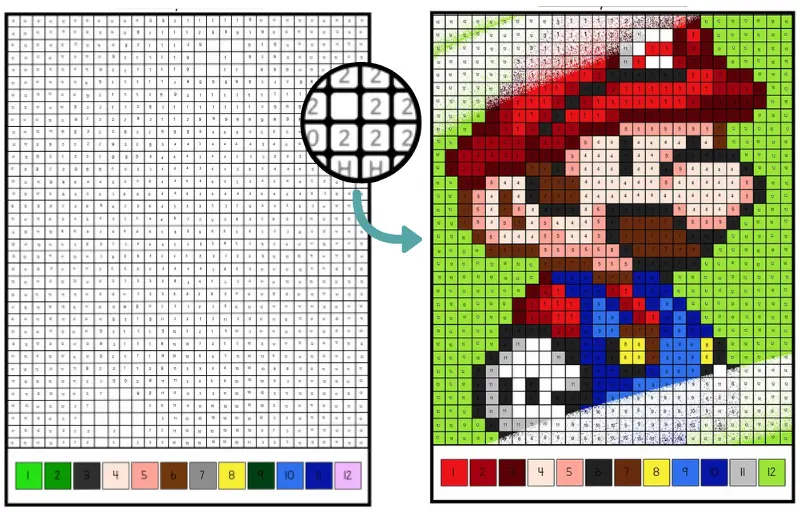 Ejemplo de pixel art de un personaje de carreras para colorear por números.