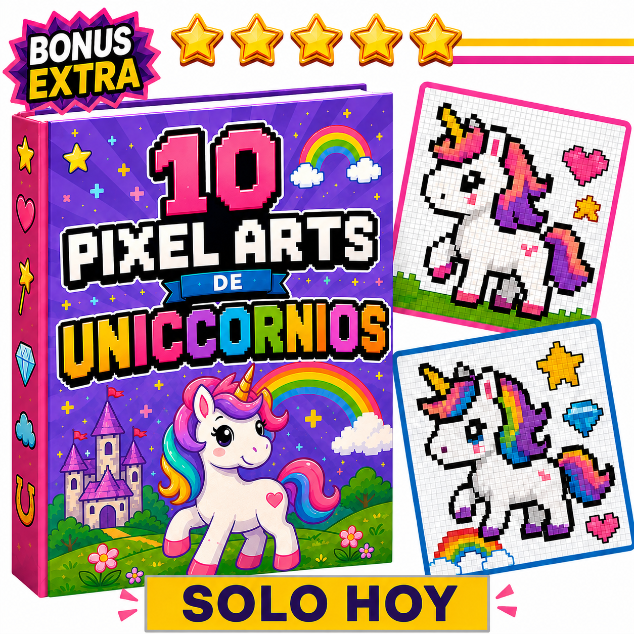 Portada del bonus de pixel arts de unicornios.