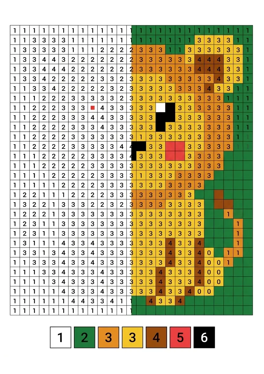 Ejemplo de pixel art de un patito amarillo para colorear por números.