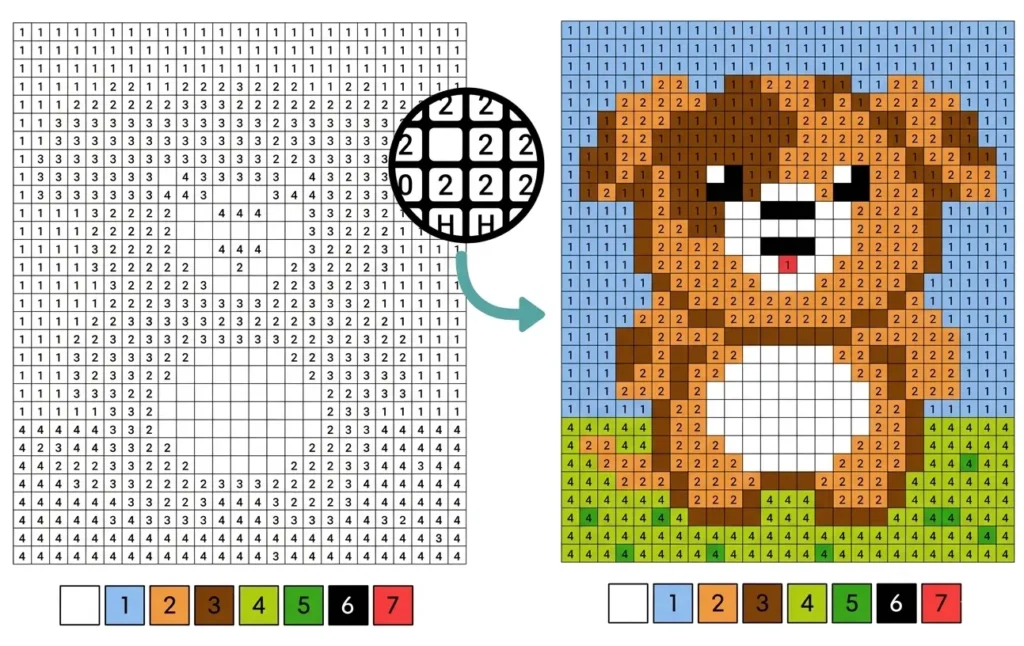 Ejemplo de pixel art de un perrito en una hoja para colorear con números.